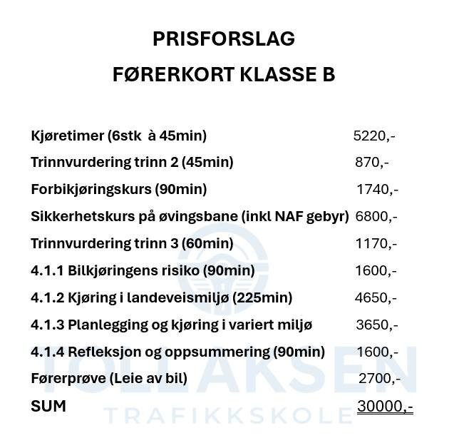Pris forslag klasse b 2